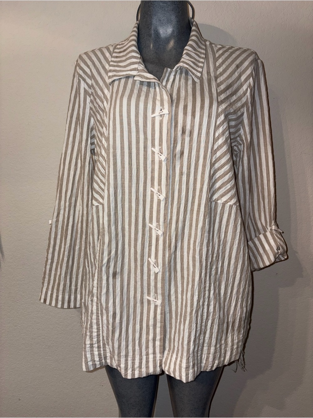 Ali Miles Cream and Tan Striped Utility Jacket